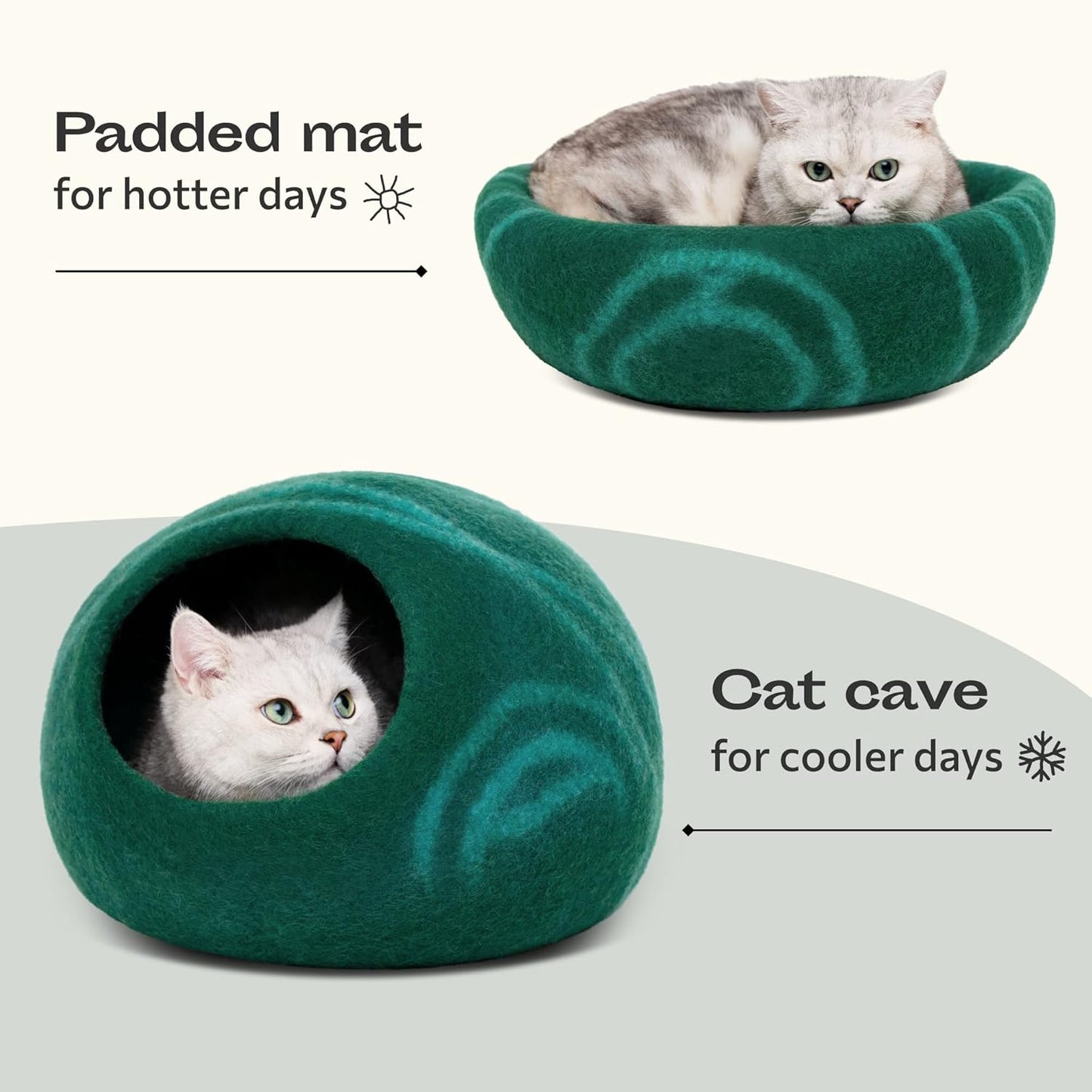 MEOWFIA Cat Cave – Premium Felt Cat Bed for Indoor Cats, Handmade 100% Merino Wool (Large, Emerald) - Pet Explorer