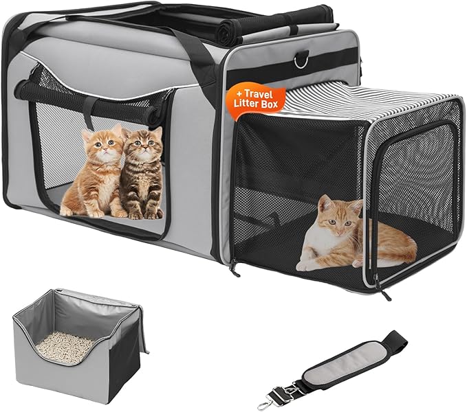 Extra Large Cat Carrier for Car Travel, Expandable Cat Carrier with Litter Box, 24"x17"x16" Soft-Sided Pet Carrier for Road Trip, Pet Carriers for 1 Large / 2 Medium Cats Under 45lbs(Grey)