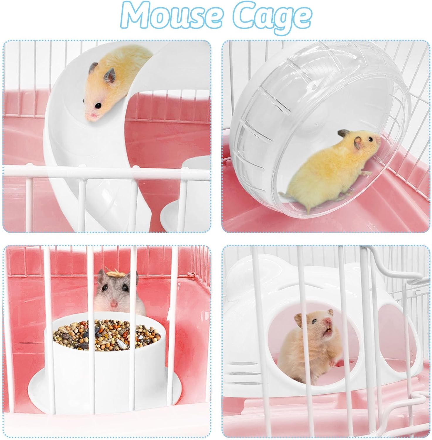 PINVNBY Dwarf Hamster Cage, Small Animal Cages, 2-Tier Travel Portable Mouse Cage Hamster Carrier with Castle House Running Exercise Wheels, Water Bottle and Food Dis（Pink） - Pet Explorer