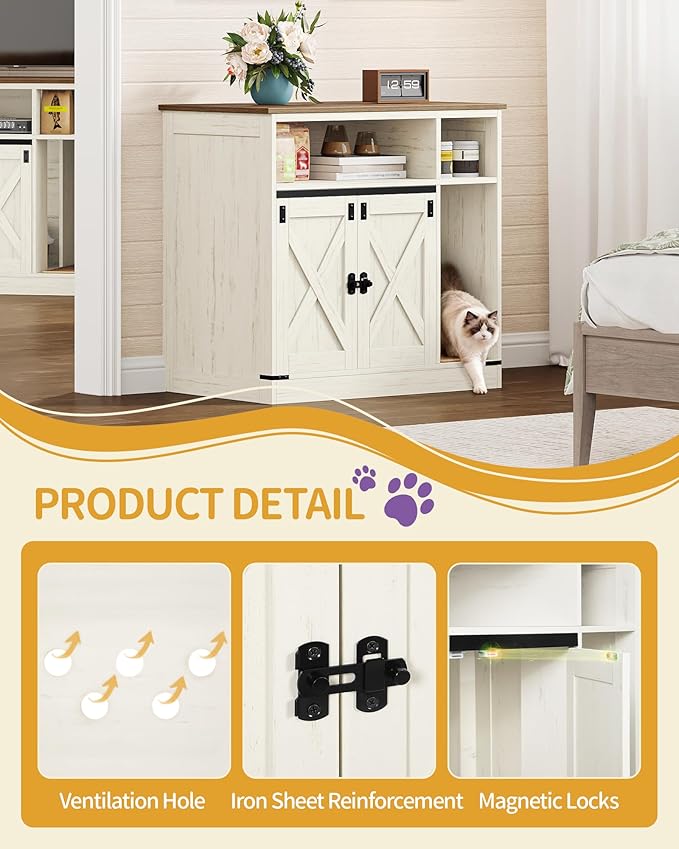 Cat Litter Box Enclosure, Hidden Litter Box Furniture with Storage, Wooden Cat Cabinet with Scratch Pad, Farmhouse Cats House, TV Stand End Table, Rustic Brown and White CB87514X