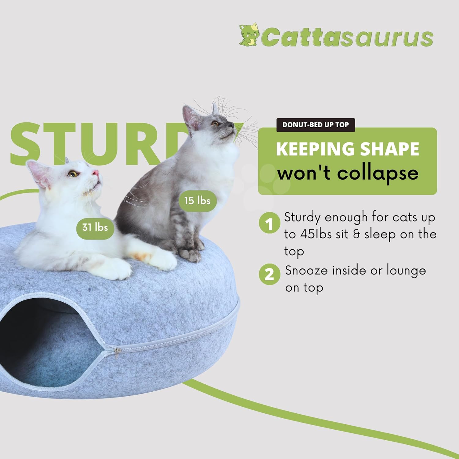 Cattasaurus Peekaboo Cat Cave, Extra Spacious for Multiple & Large Cats 12+ lbs, Scratch Detachable Beds for Indoor Cats, Washable Tunnel Bed, Comfy Cat Donut Tunnel (Light Gray+Light Gray, Jumbo) - Pet Explorer