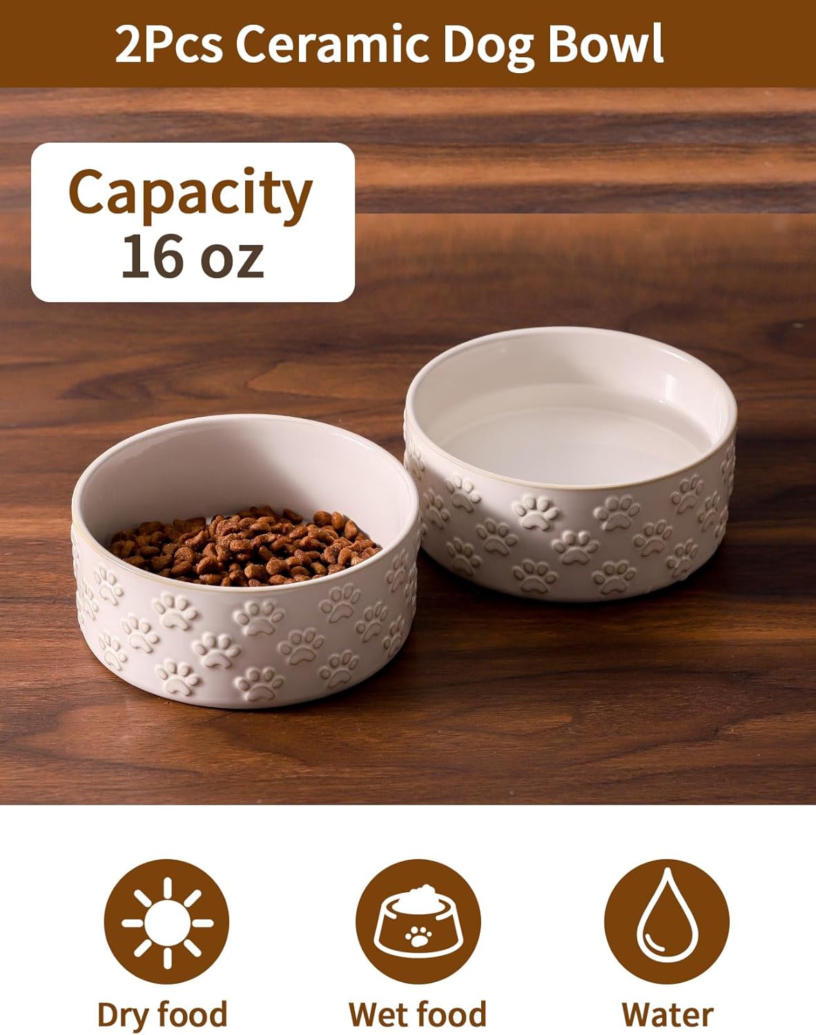 UBEE Ceramic Dog Bowl Set of 2, 5.1 inch Dog Dish Food Bowl with Paw Pattern, Pet Food Water Dish Feeding for Small Dogs and Large Cat, White - Pet Explorer