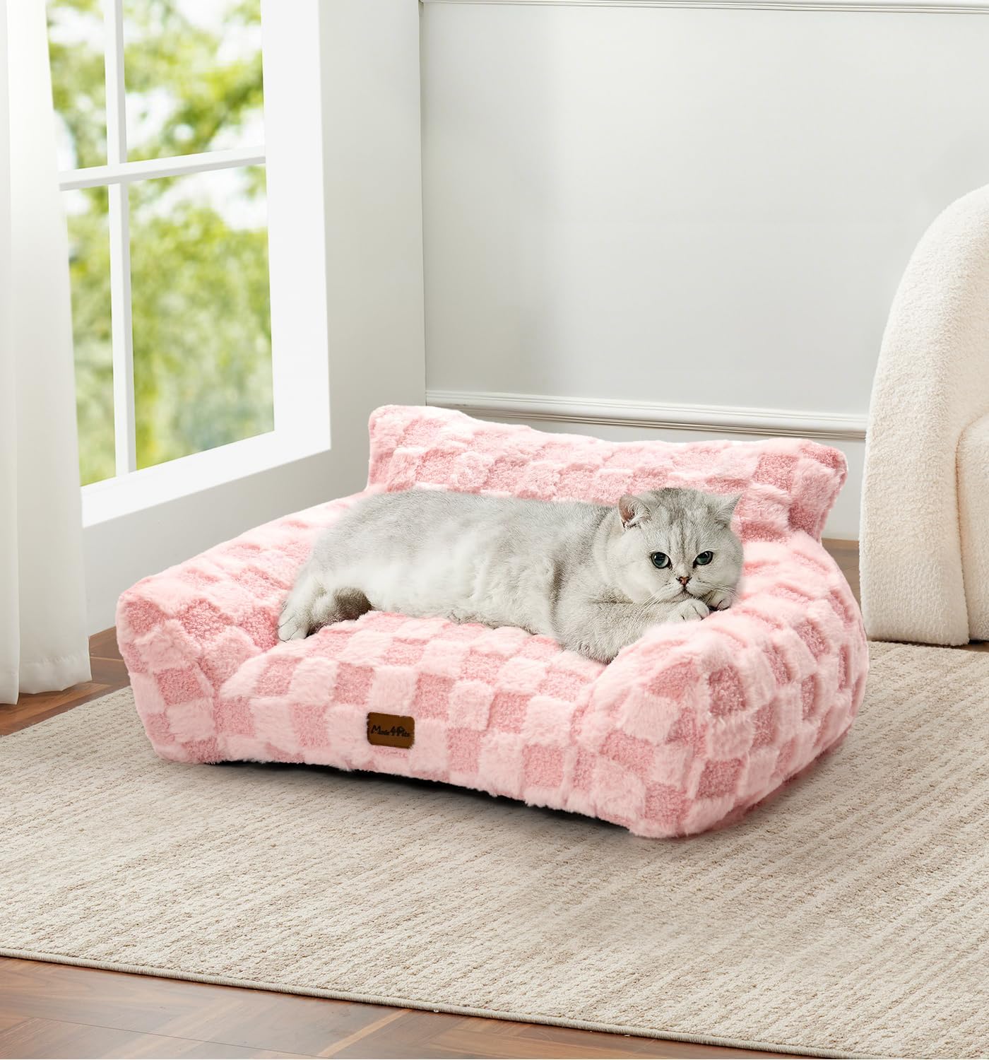Made4Pets Cat Couch Bed, Soft Faux Fur Checkered Pet Sofa, Calming Fluffy Cat Sofa with Supportive Foam, Removable Washable Cover with Non-Slip Base, Pink, Small - Pet Explorer