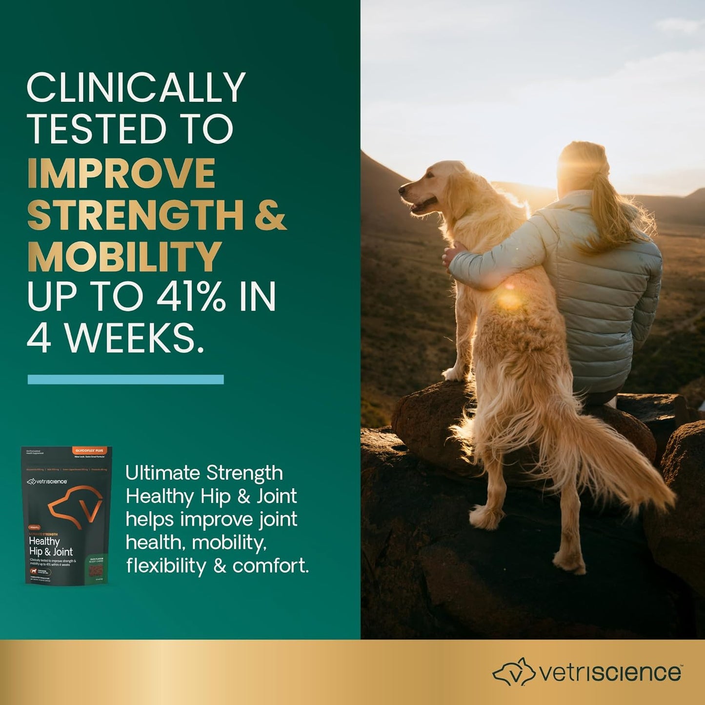 VetriScience Ultimate Strength Healthy Hip & Joint Chews, GlycoFlex Glucosamine, Chondroitin and Green-Lipped Mussel Joint Support Supplement for Dogs, Soothe Joint Discomfort, Duck, 120 Count - Pet Explorer