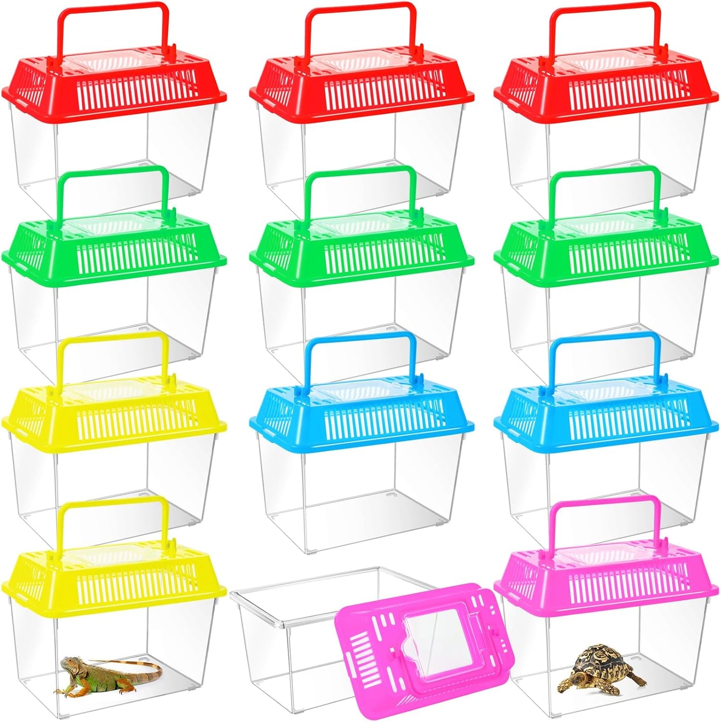 12Pcs Plastic Reptile Terrariums Carrier Cage, Tarantula Enclosure Snake Breeding Box Hatching Container Transparent Fish Tank Turtle Aquarium with Random Color Lid for Shrimp, S(5.9" x 3.5" x 4.3") - Pet Explorer