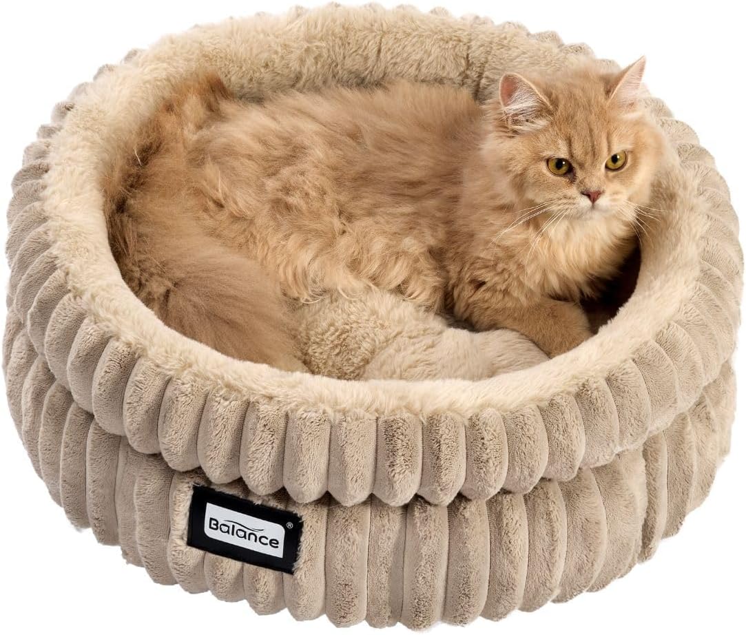 BALANCE Cat Bed Kitten Bed, Washable Round Cat Beds for Indoor Cats,Super Soft Plush Faux Fur Pet Bed for Puppy and Kitten with Anti-Slip Bottom - Pet Explorer