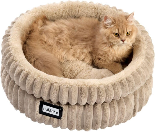 BALANCE Cat Bed Kitten Bed, Washable Round Cat Beds for Indoor Cats,Super Soft Plush Faux Fur Pet Bed for Puppy and Kitten with Anti-Slip Bottom - Pet Explorer