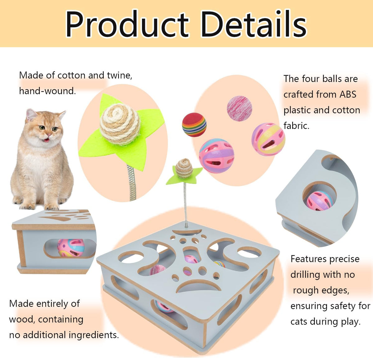 Interactive Wooden Cat Puzzle Toy Box Indoor Hunting Play Toy to Stimulate Your Cat’s Energy and Instincts (Blue)