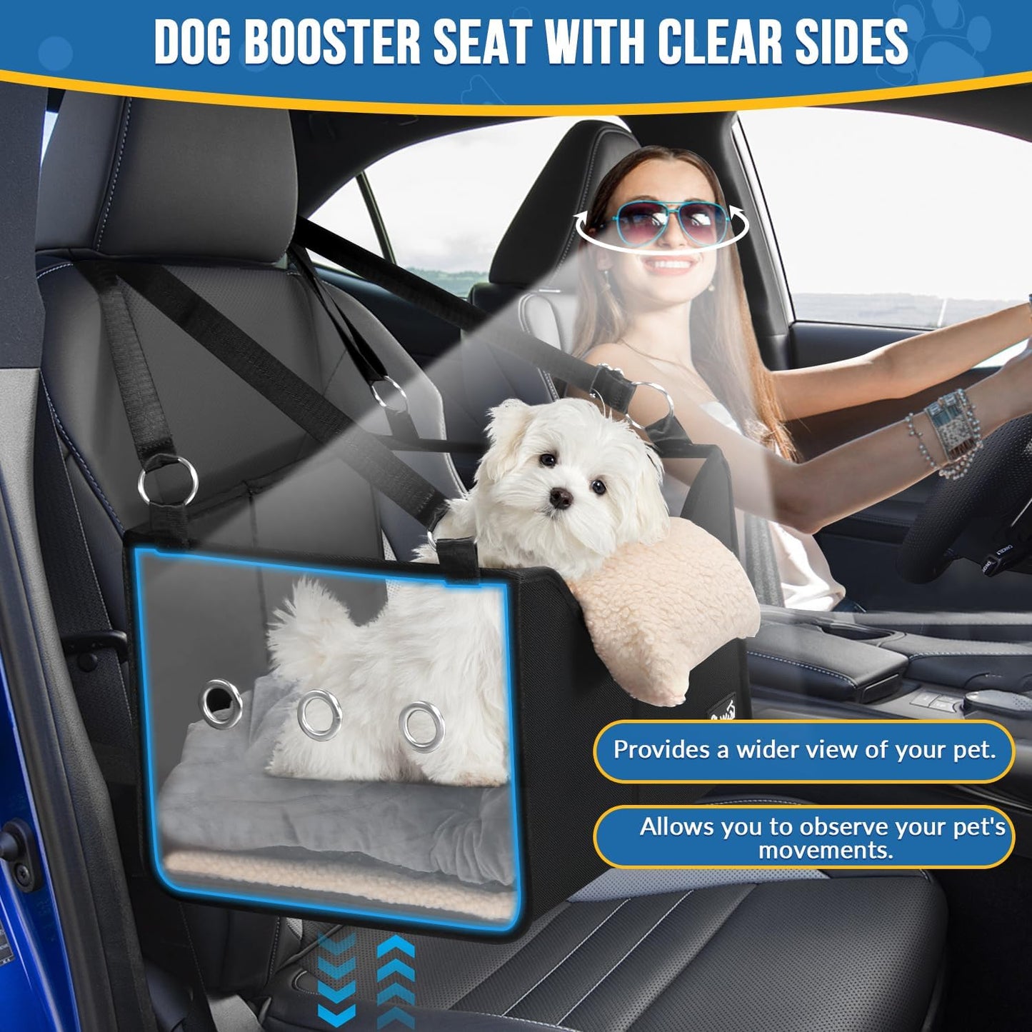 SlowTon Dog Car Seat for Small Dogs - Elevated Portable Dog Booster Seat Under 18 lbs, Pet Dog Travel Carrier with Clear Side Panel, Safety Belt and Soft Cushion - Pet Explorer