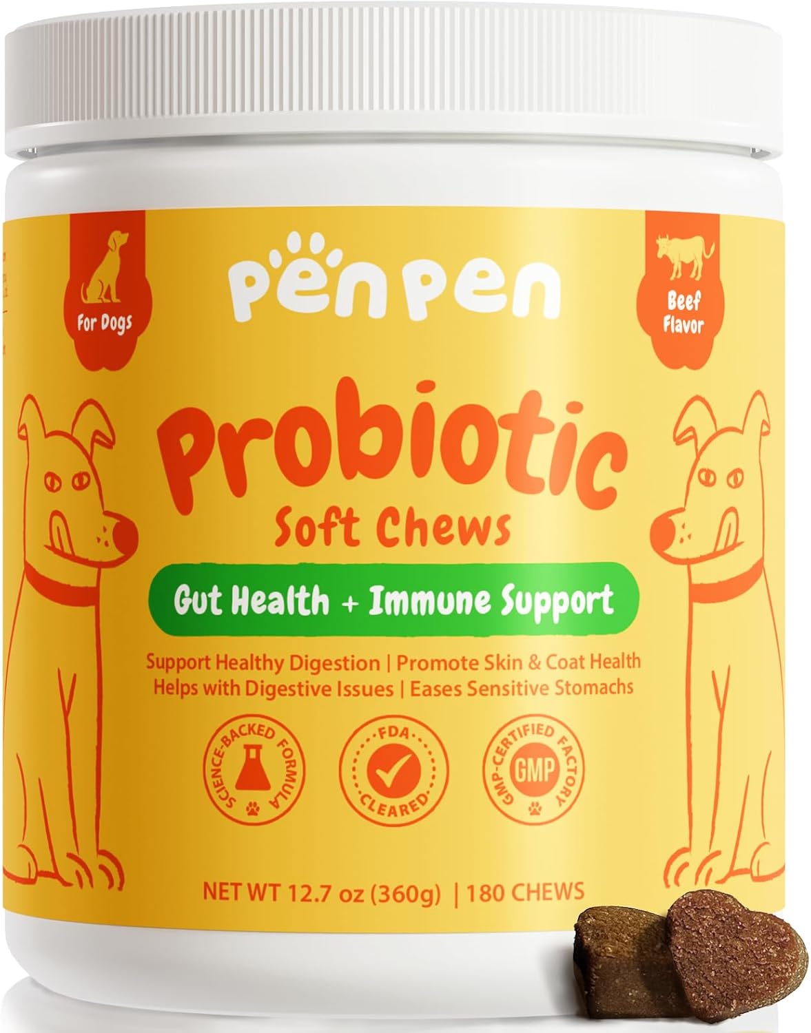 Penpen Probiotics for Dogs, Dogs Probiotics for Digestive Health, Multi-Probiotic and Enzyme Blend Promote Gut Health & Immune Support, Eases Sensitive Stomachs (Beef Chews, 180ct) - Pet Explorer