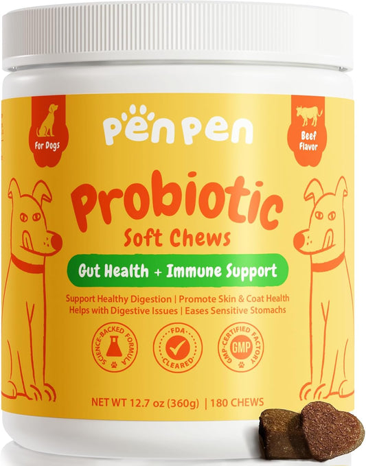 Penpen Probiotics for Dogs, Dogs Probiotics for Digestive Health, Multi-Probiotic and Enzyme Blend Promote Gut Health & Immune Support, Eases Sensitive Stomachs (Beef Chews, 180ct) - Pet Explorer