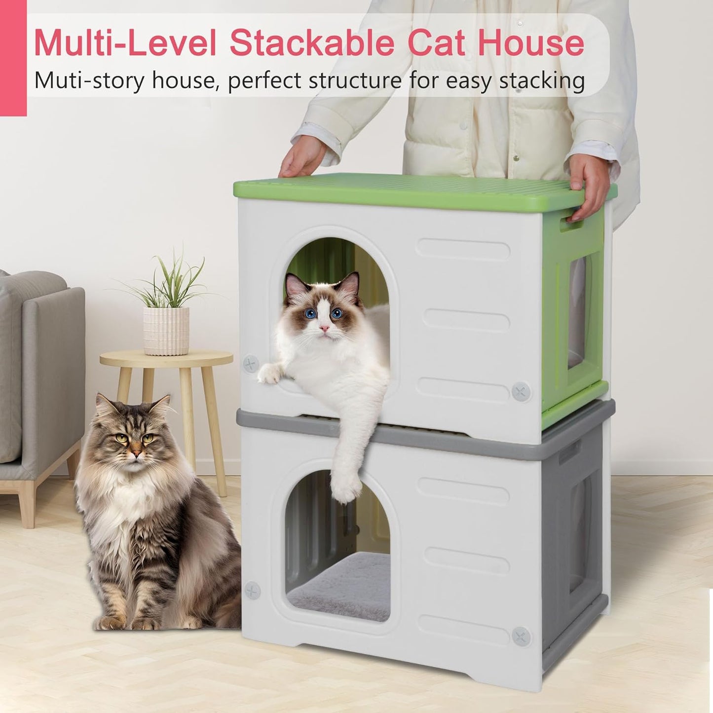 Rockever Plastic Cat House Outdoor with Escape Door, Waterproof Feral Cat House Outdoor Indoor, Sturdy Cat House for Outdoor Cats with Cat Bed Mat, Assemble Easily-Grey - Pet Explorer