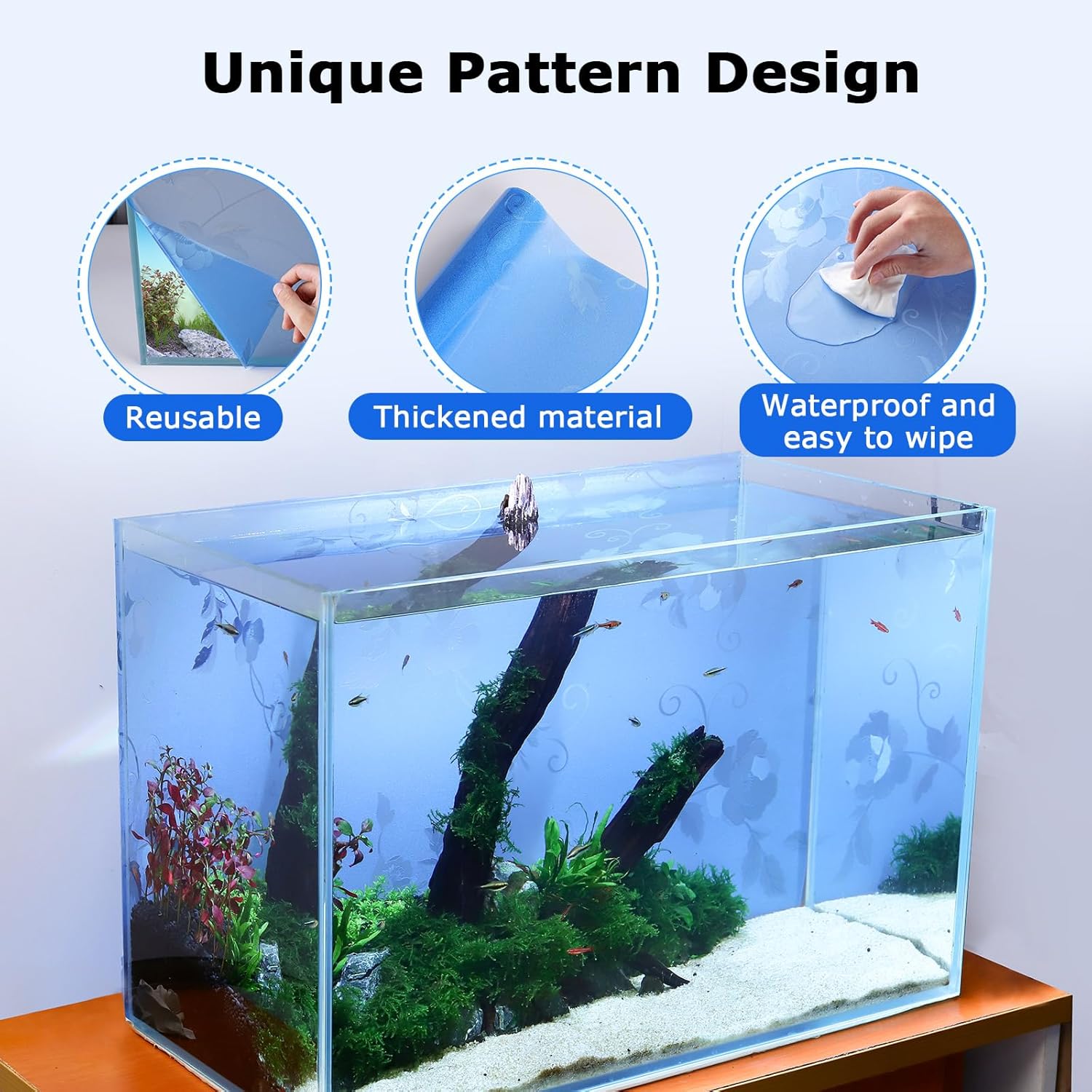 Aquarium Background Paper, Blue Fish Tank Backdrop Wallpaper Electrostatic Adhesive, No Glue, Easy to Install, Reusable (13.7" H × 43.3" L, Translucent) - Pet Explorer