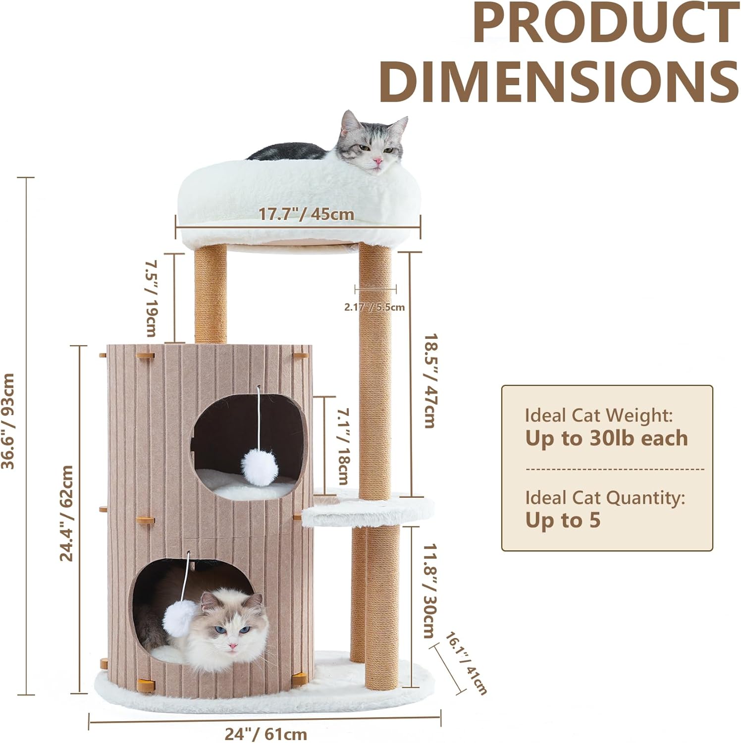 Cat Tree Tower with 2-Storey Large Felt Cat Bed Cave, Cozy Cats Tunnel Condo with Washable Cushions, 36.6" - Pet Explorer