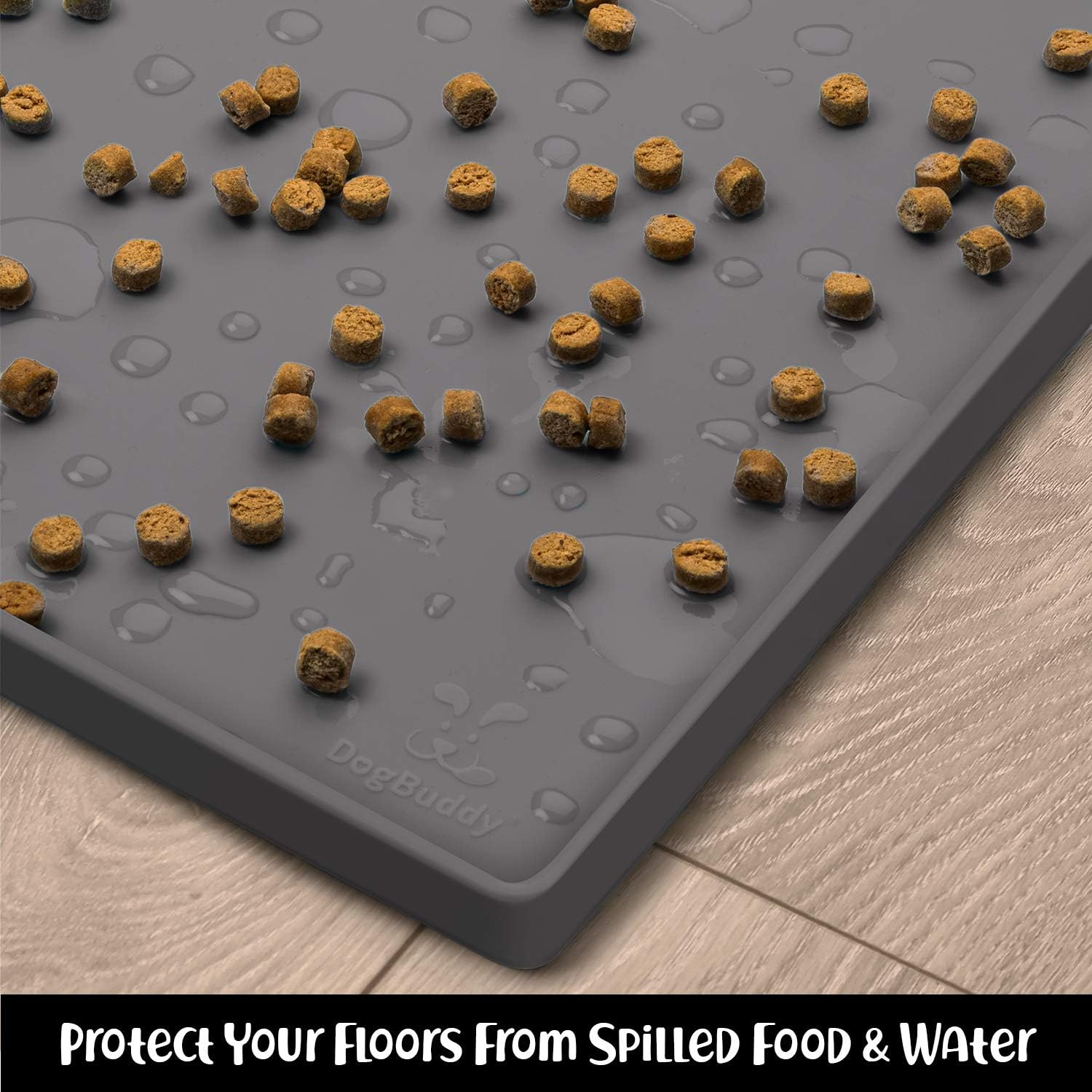 DogBuddy Dog Food Mat – Waterproof Dog Bowl Mat for Food and Water, Silicone Pet Feeding Mats for Floors, Non-Slip Placemat with High Edges for Dogs Bowls, Puppy Essentials (XXL: 32"x24", Shadow) - Pet Explorer