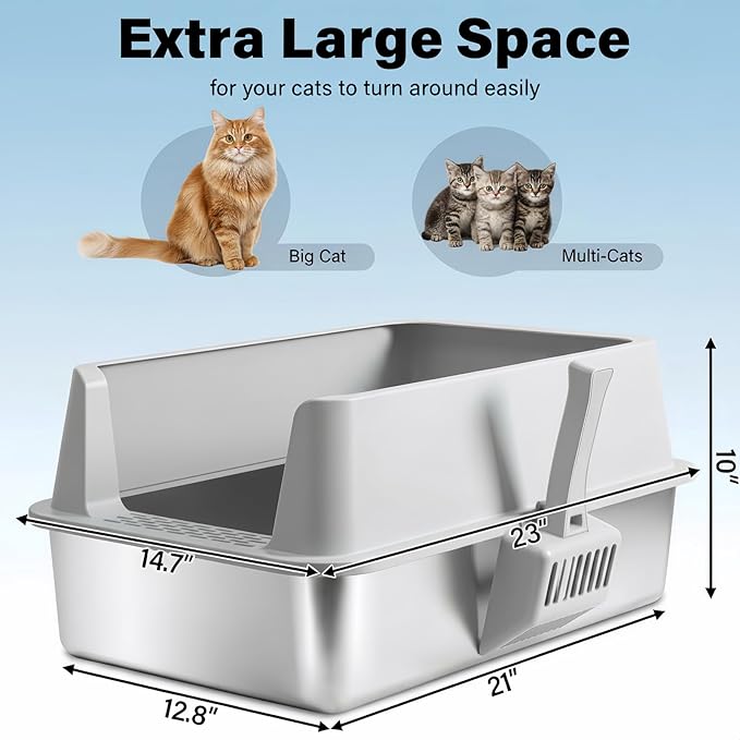 Stainless Steel Cat Litter Box with Lid, XL Metal Litter Box, Extra Large Litterbox for Big Cats, High Sided | Easy Cleaning | Odor-Free Includes Scoop and Mat
