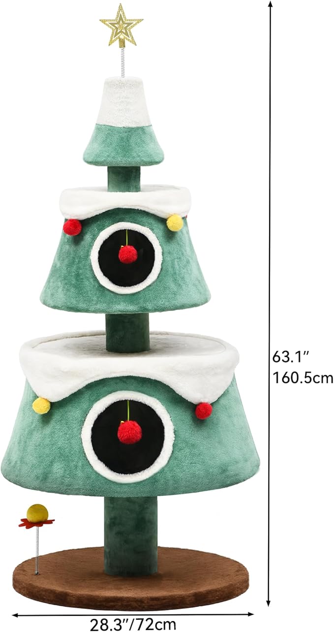 DWVO Christmas Cat Houses for Indoor Cats, Christmas Cat Tree Tower with 2 Cozy Houses, Kitty Furniture with Teaser Plaything for Christmas Decoration