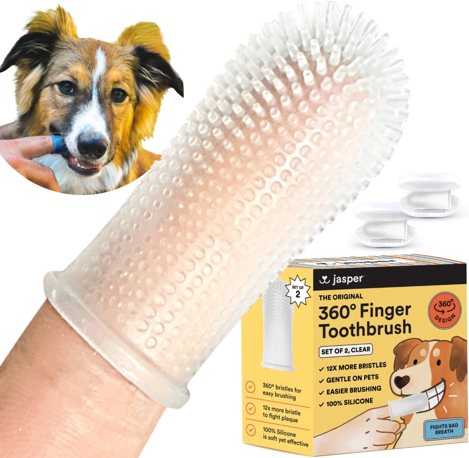 Jasper Dog Toothbrush, 360º Dog Tooth Brushing Kit, Cat Toothbrush, Dog Teeth Cleaning, Dog Finger Toothbrush, Use with Dog Toothpaste - Clear 2-Pack - Pet Explorer