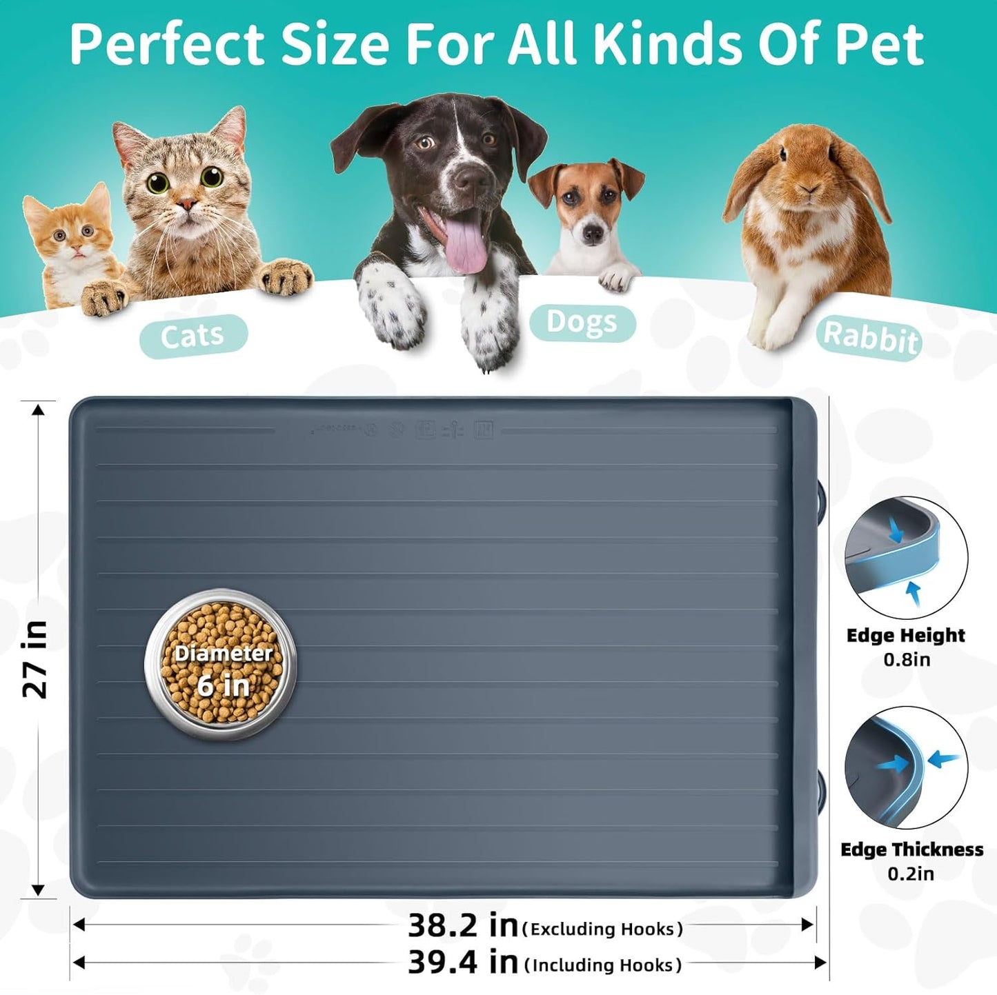 Dog Mat for Food and Water - 39.4" x 27" Large Pet Feeding Mats with Residue Collection Pocket - Waterproof Dog Cat Bowl Mat with High Edges to Prevent Water and Food Spills (Dark Grey) - Pet Explorer