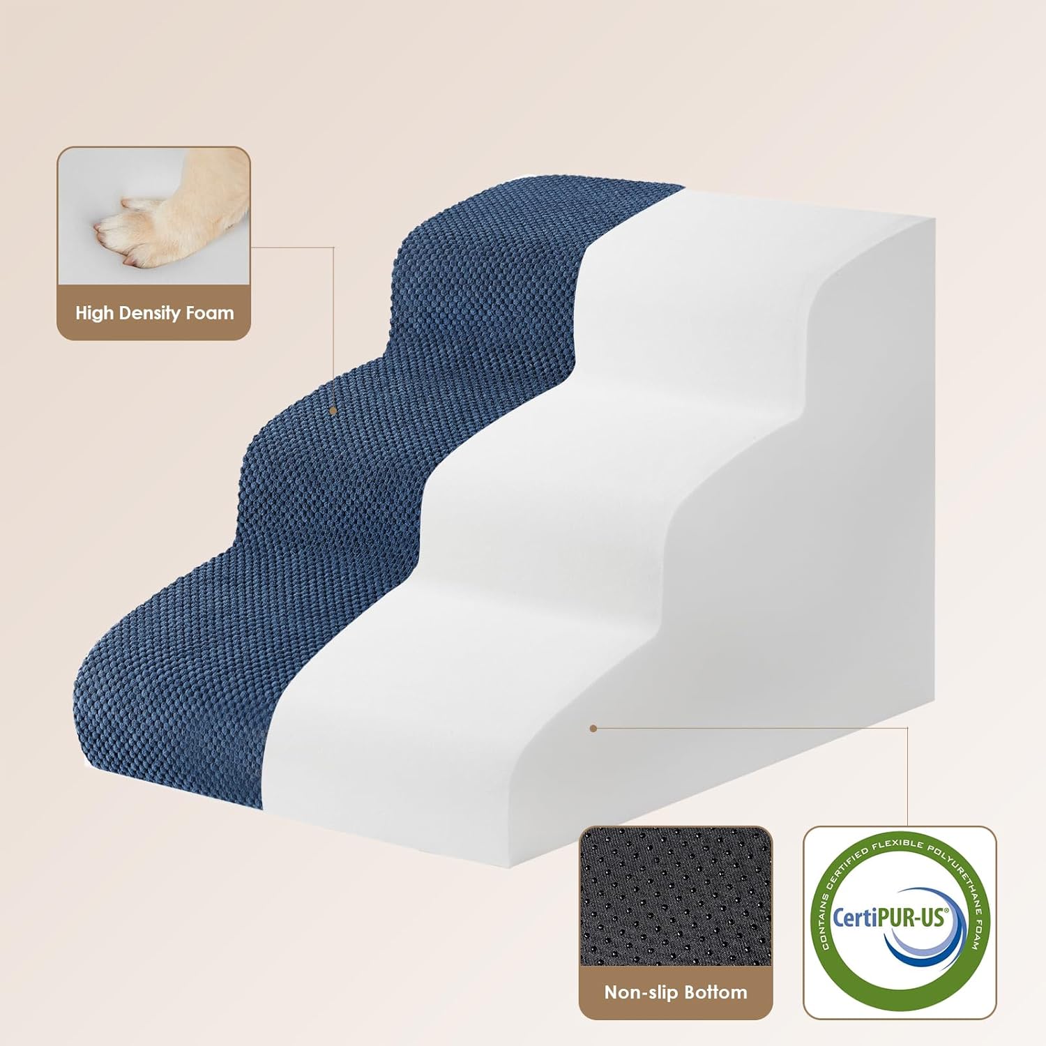 EHEYCIGA Curved Dog Stairs Ramp for Small Dogs 15.7" H, 3-Step Dog Steps for Couch Sofa and Chair, Pet Stairs for Cats, Non-Slip Balanced Pet Steps Indoor, Navy - Pet Explorer