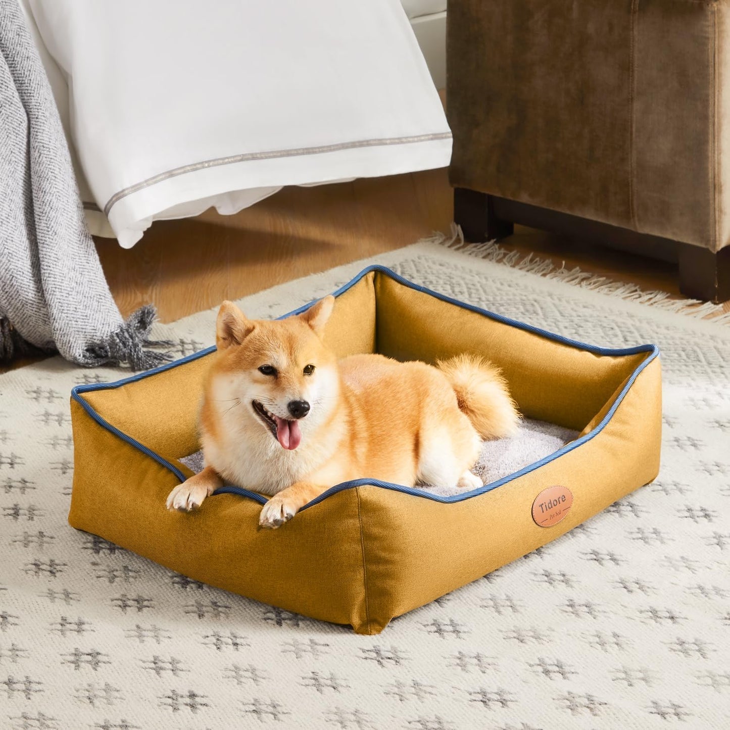 Orthopedic Dog Beds for Medium Dogs, Durable Egg Crate Foam Sofa Dog Bed wit Washable Removable Cover,Waterproof Lining,Pet Bed for Large Dogs (Mustard Yellow, 26.4" L x 21.7" W x 6.2" Th) - Pet Explorer