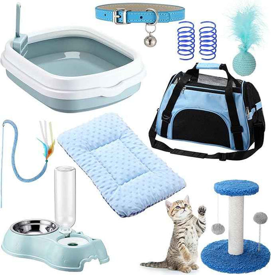 Eccliy Kitten Starter Kit, 10 Pcs Cat Starter Kit for Indoor Cats Kitten Essentials Includes Litter Box, Pet Toy, Folding Carrier, Climbing Frame, Mat, Collar, Automatic Food Bow(Classic,Blue)