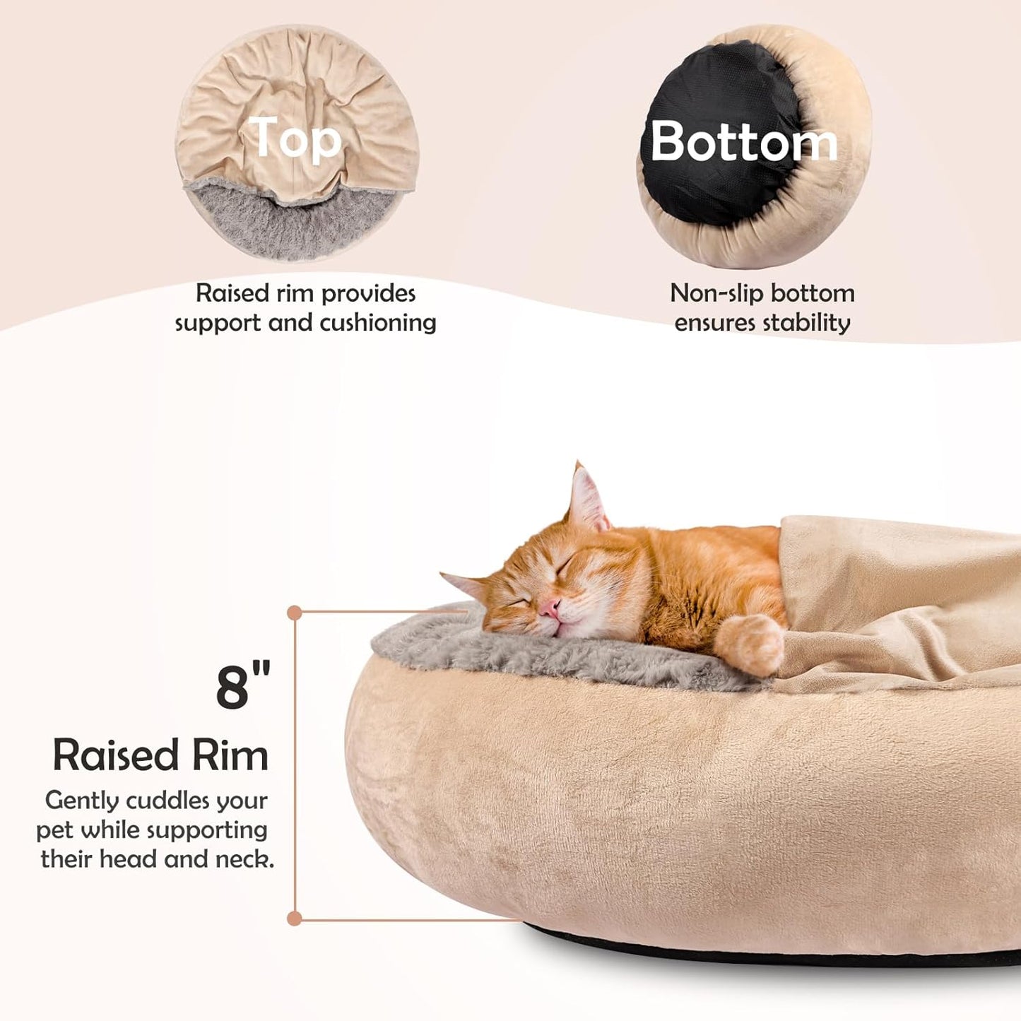 JOEJOY Small Dog Cat Bed With Hooded Blanket, Cozy Cuddler Luxury Puppy Pet Donut Round Calming Anti-Anxiety Burrow Cave - Anti-Slip Bottom, Machine Washable, 23 Inch - Pet Explorer