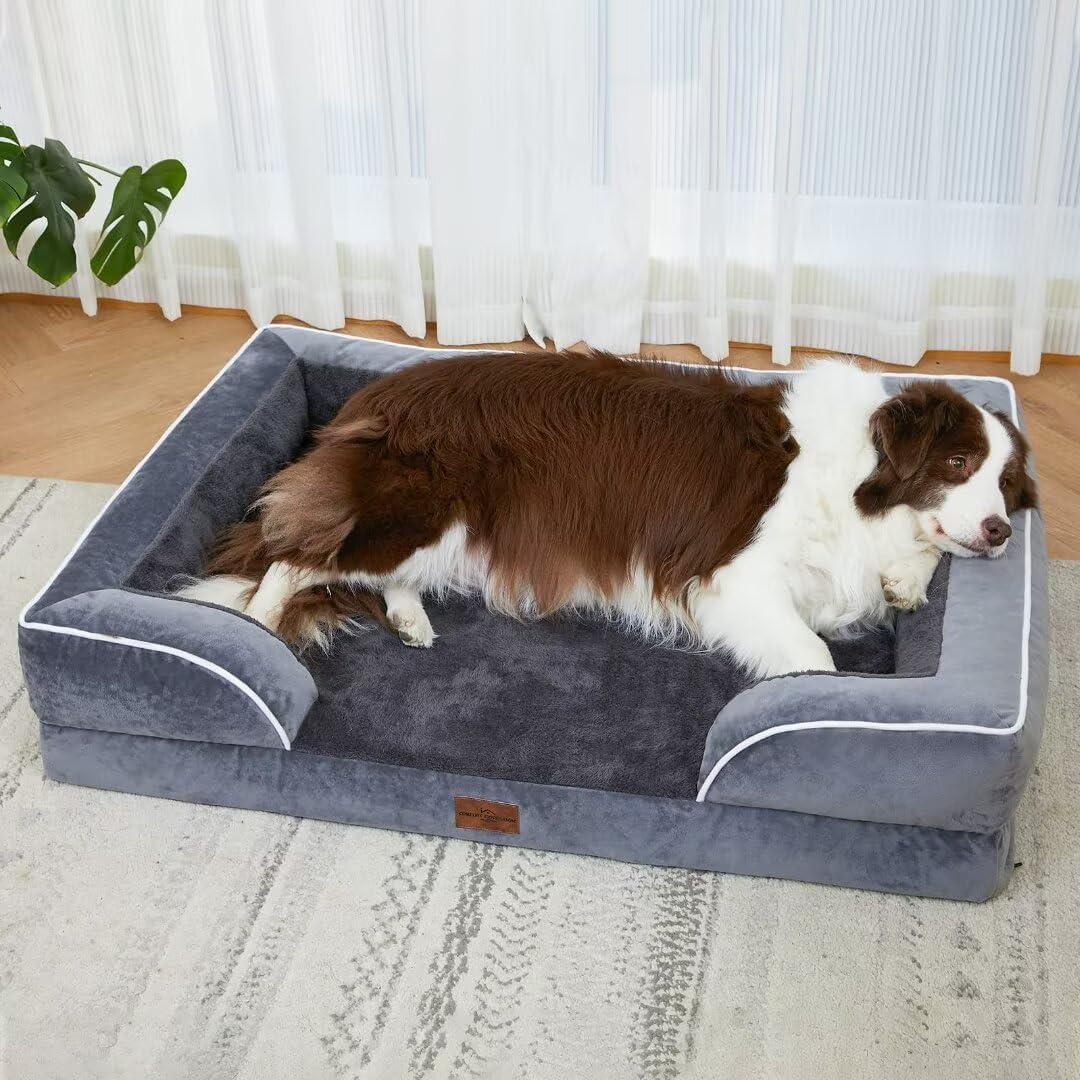 Comfort Expression Dog Beds Memory Foam, XXL Orthopedic Waterproof Dogs Beds, Giant Washable Dog Beds with Bolster & Removable Cover(XX-Large,Leaden Grey) - Pet Explorer