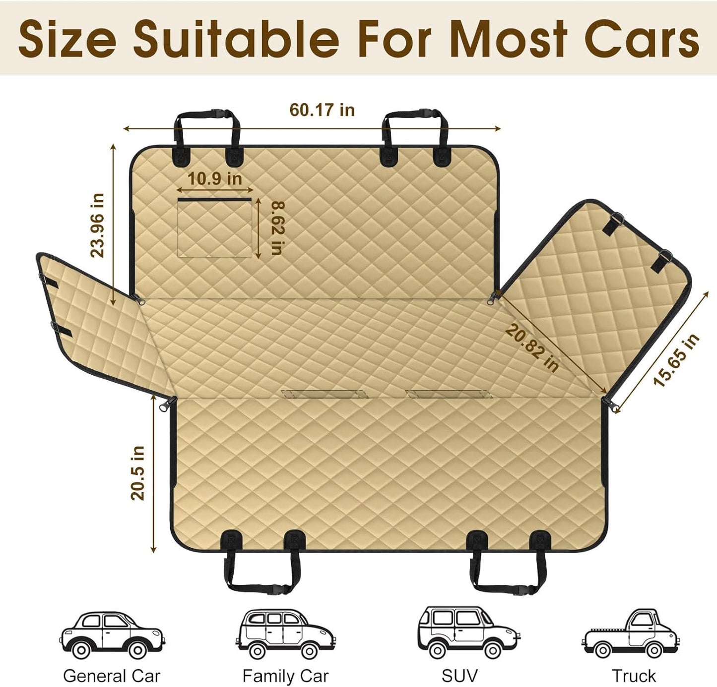 Waterproof Dog Car Seat Cover for Back Seat - Durable, Scratch Proof Pet Hammock with Nonslip Design & Storage Pockets, Fits Cars, SUVs, Trucks - L, Khaki/Black - Pet Explorer