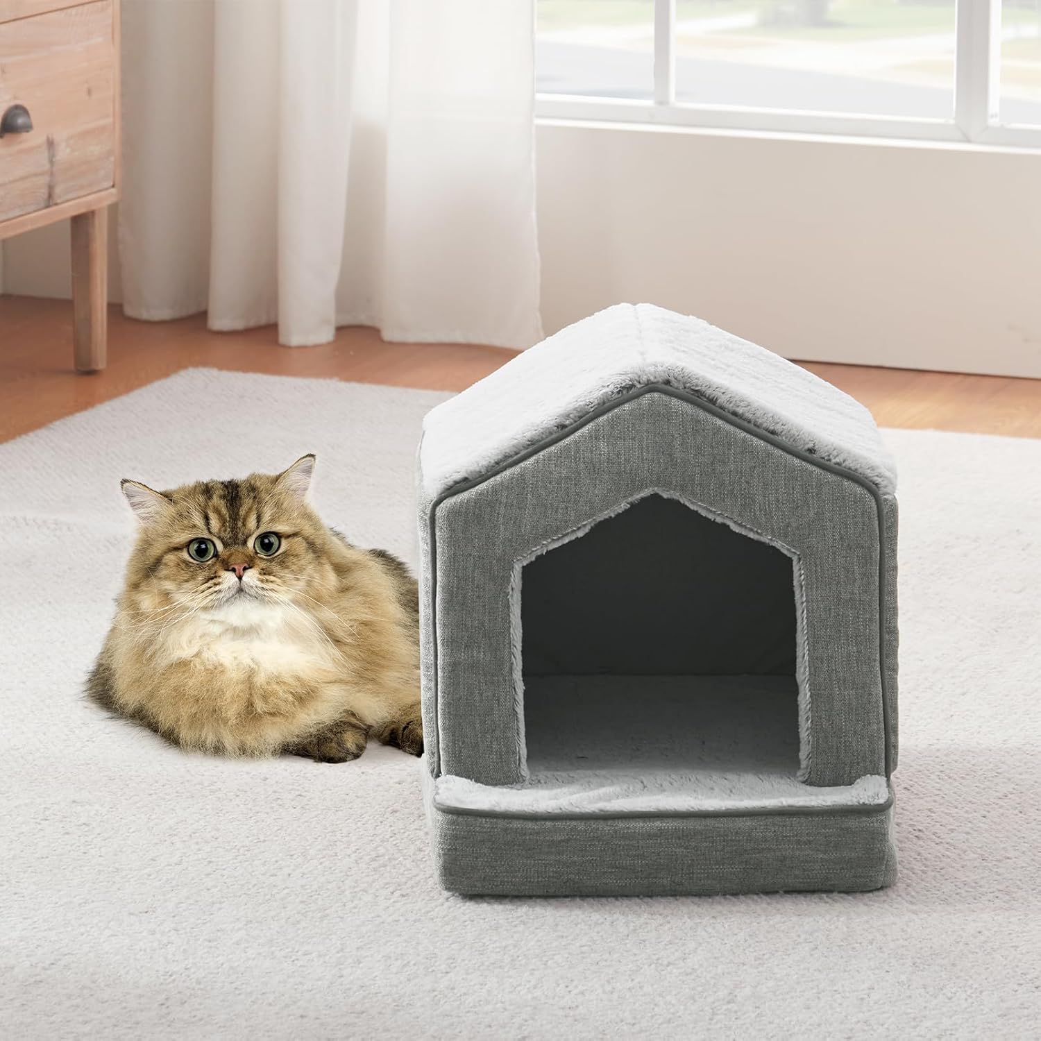 Orthopedic Cat Houses for Indoor Cats,Small Dogs,Super Soft Cat Bed Cave,Condos, Cubes,Cat Hideaway,Covered,Cat Bed for Kitty Small Medium Large Pet (Gray, 18" L x 15" W x 17" Th) - Pet Explorer