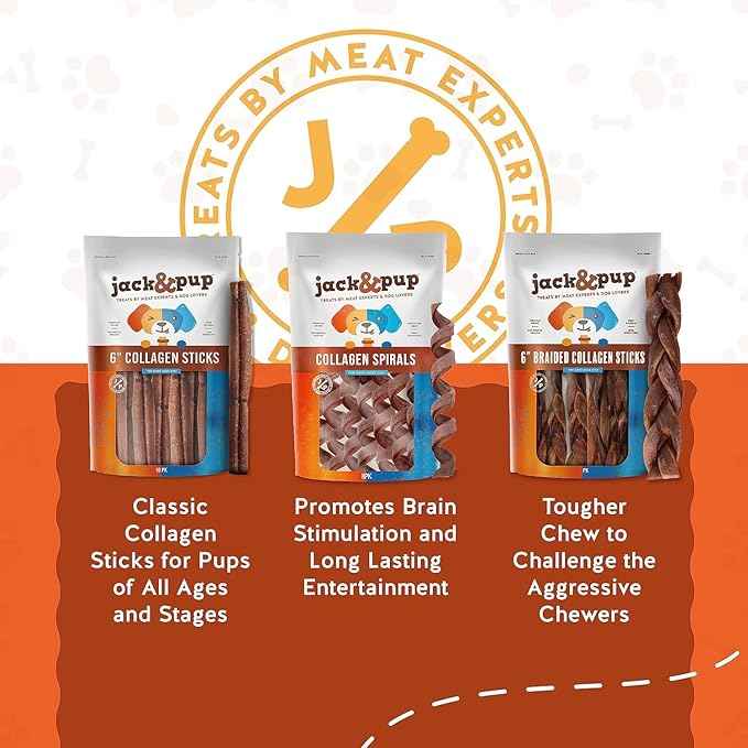Jack&Pup 6" Braided Beef Collagen Sticks for Dogs - Rawhide Free Dog Chews Long Lasting Collagen Chews for Dogs - Bully Sticks Alternative (1 Pack)