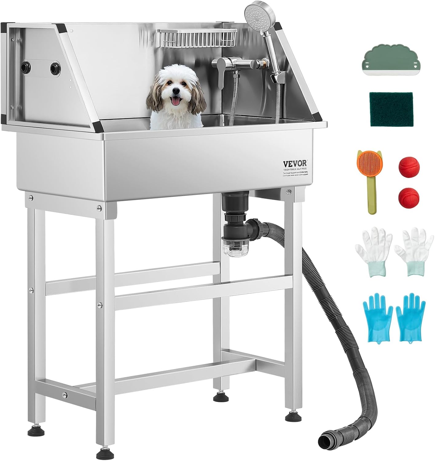 VEVOR Stainless Steel Dog Washing Station, 34 inch Pet Grooming Tub w/Faucet & Showerhead & Soap Holder & Play Balls Simple Dog Bathtub for Multiple Pets, Home Washing Sink - Pet Explorer