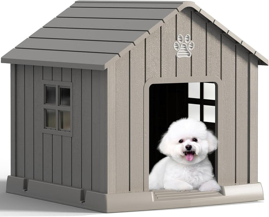 Large Dog House Outdoor Indoor for Medium Large Dogs, Durable Plastic Waterproof Doghouse with Air Vents and Elevated Floor, Easy Clean and Assemble (Grey, 31" L x 33.3" W x 33.5" H) - Pet Explorer