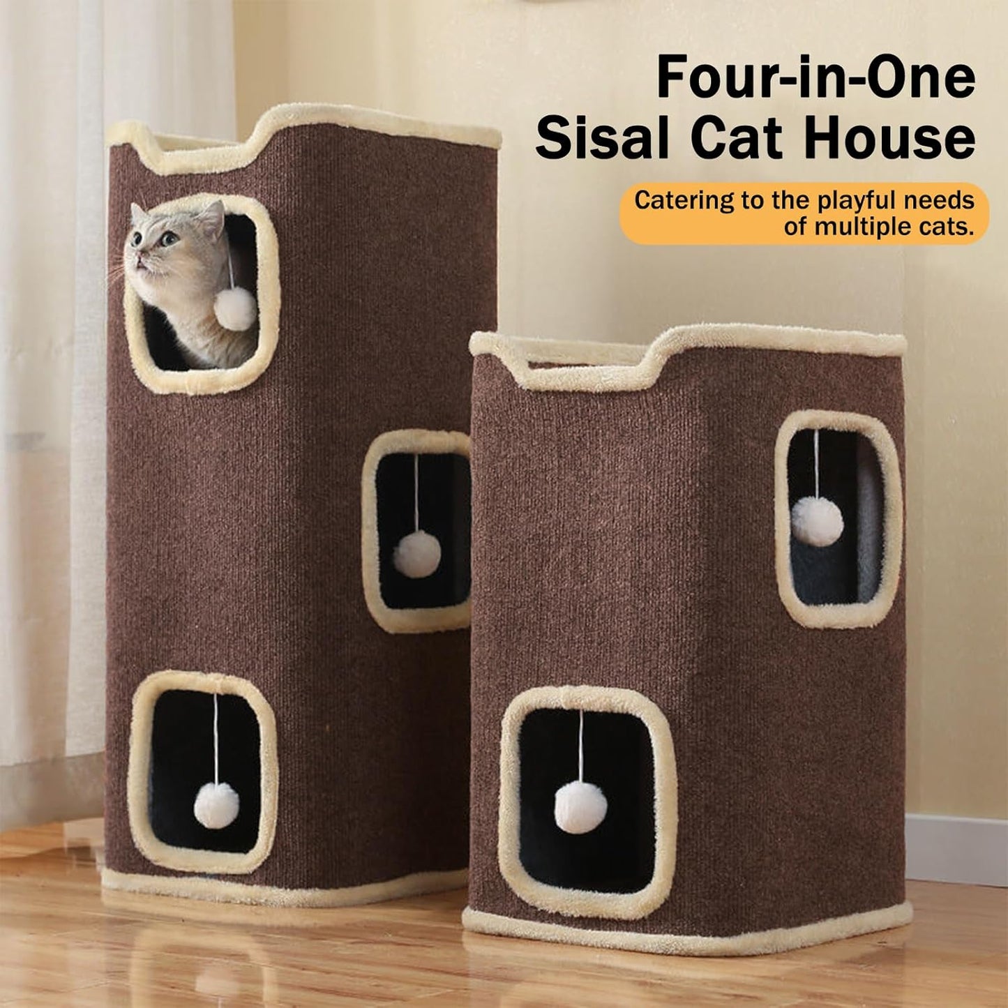 Cat House for Indoor Cats Beds, Multi-Level Cat Condo, Foldable Cave Bed Coffee, 2L - Pet Explorer