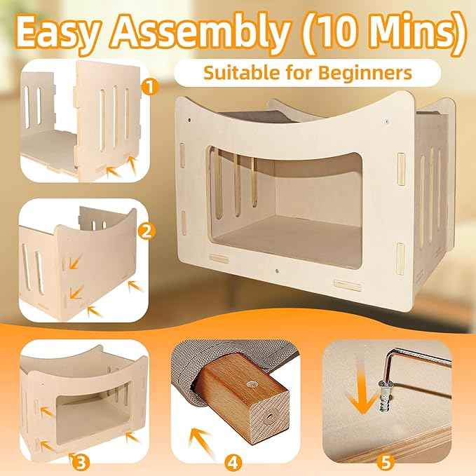 Cute Cat Head Wooden Indoor Cat House, Double Decker Cat Shelter with Elevated Soft Canvas Upper Bed, Multi-Level Pet Condo for Cats & Rabbits