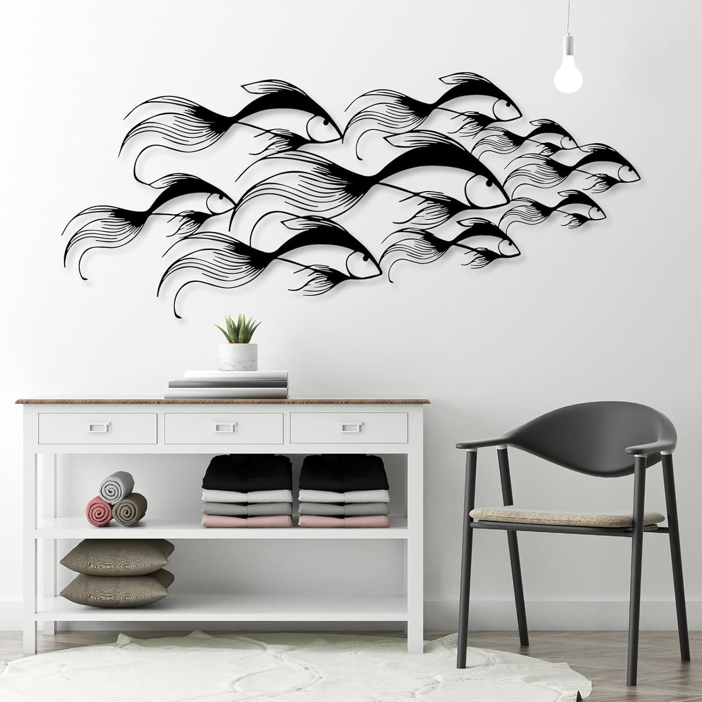 School of Fish Metal Wall Art, Metal Fish Wall Decor, Sea Life Wall Art, Large Nautical Wall Hanging, Modern Beach House Wall Decor, Ocean Themed Artwork for Bathroom (Silver, 24"x10" | 60x25cm)