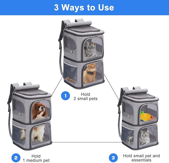 2-in-1 Double Pet Carrier Backpack for Small Cats and Dogs, Portable Pet Travel Carrier, Super Ventilated Design, Ideal for Traveling/Hiking/Camping, Large Size