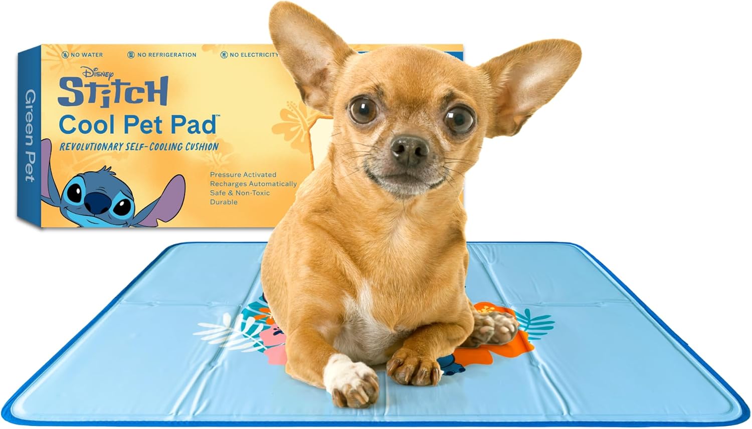 The Green Pet Shop Cool Pet Pad - Extra Small, Disney’s Stitch - Self-Cooling, Pressure Activated Mat for Dogs & Cats from 0-8 lbs - Non-Toxic Gel, No Water Needed - Pet Explorer