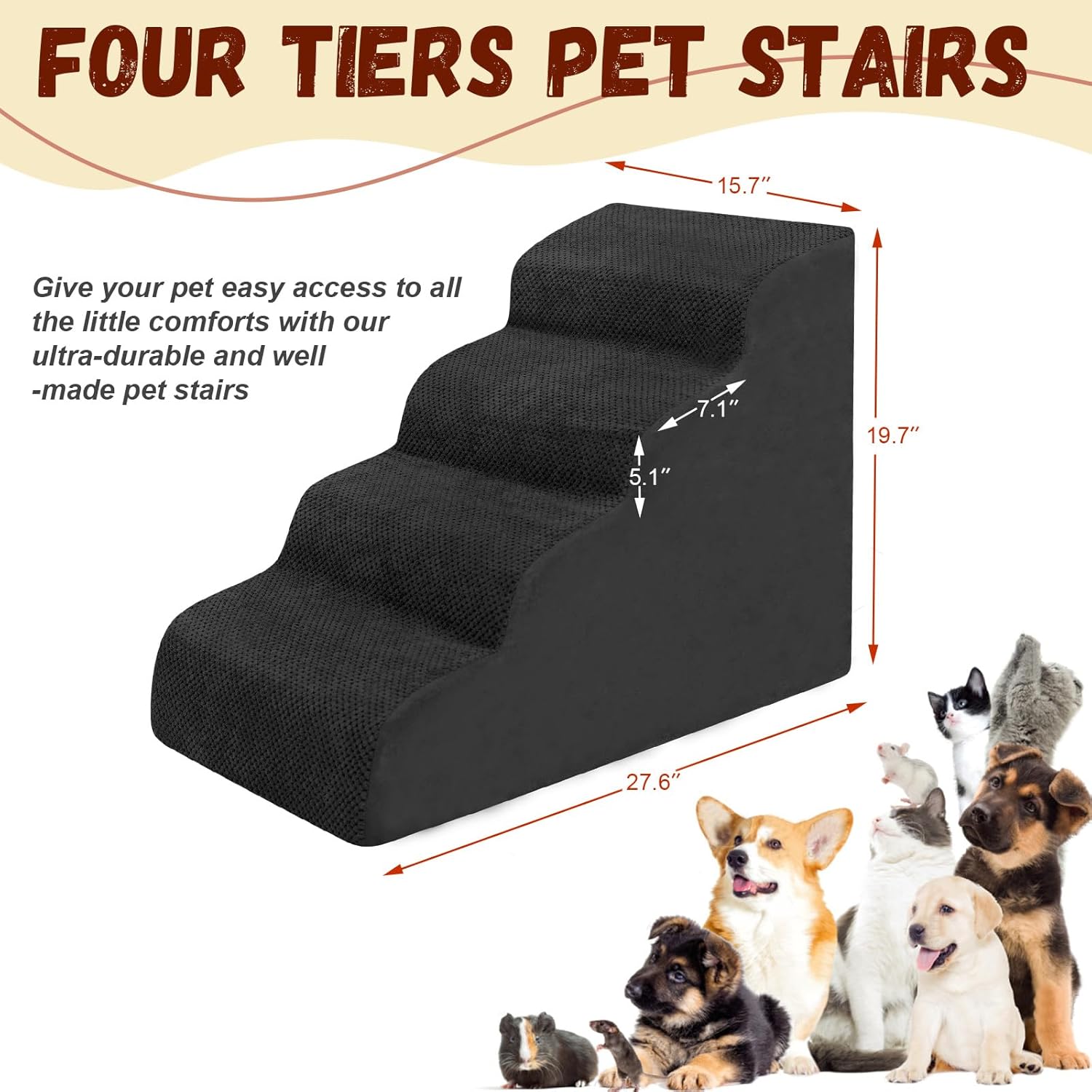 Dog Stairs for Small Dogs - High Density Foam Pet Steps, Extra Wide Dog Ramp with Non-Slip Bottom for High Beds, Couch and Sofa, Best for Dogs Injured, Older Doggy Cats, 4 Steps, Black - Pet Explorer