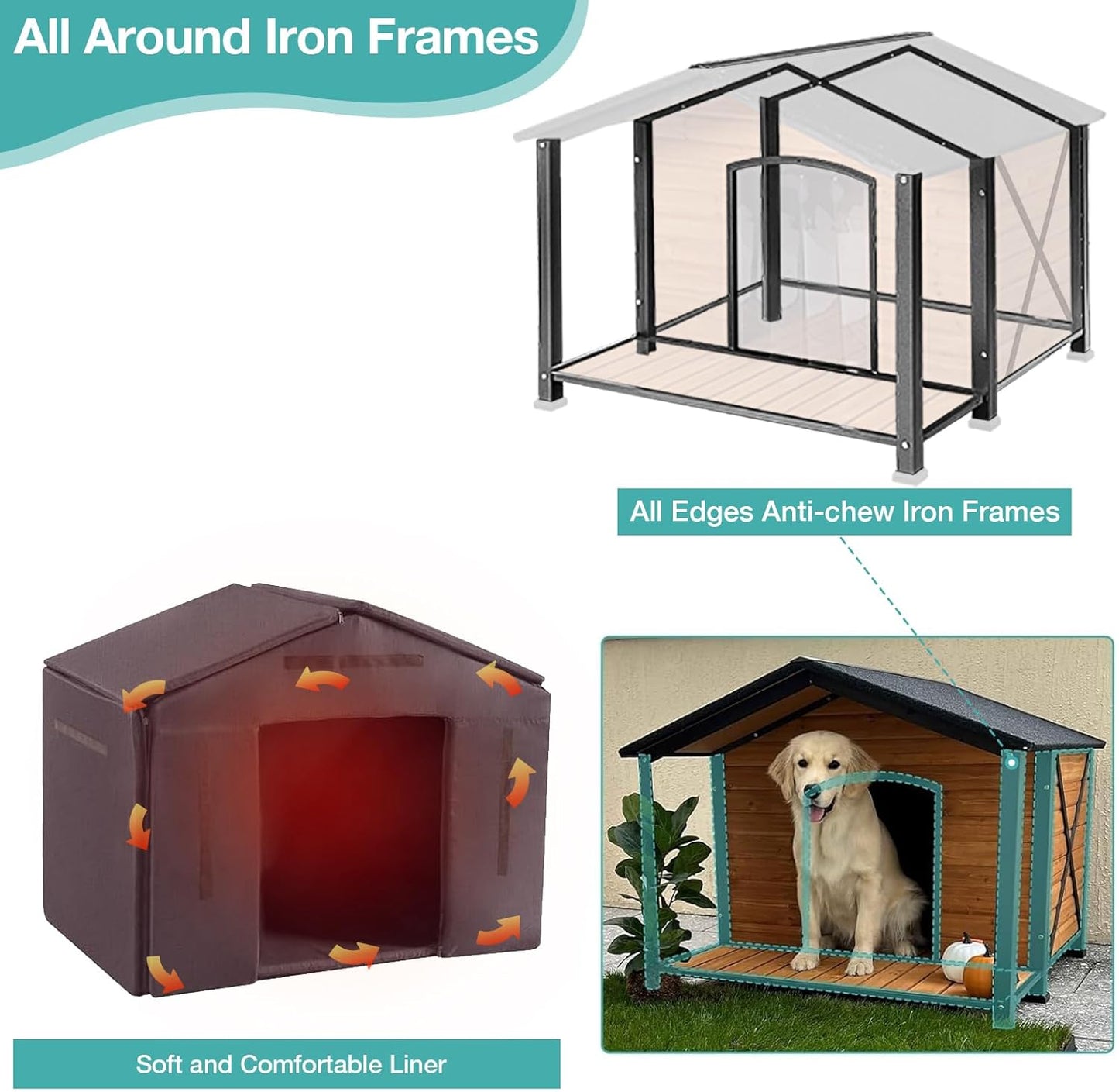 Outdoor Dog House,Weatherproof Wooden Dog Shelter for Medium and Large Sized Dogs,Iron Frame Indoor Outdoor Kennel,Pets Warm House in Winter with Large Porch (34.25"D x40.59"W x 31.5"H -IN) - Pet Explorer