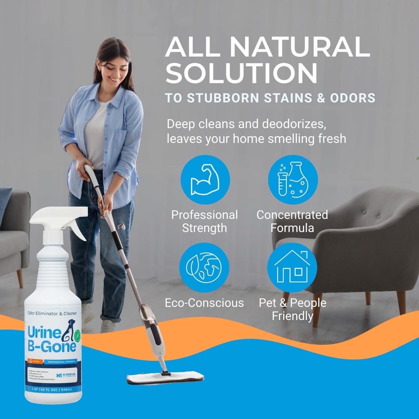 KINZUA ENVIRONMENTAL Urine B-Gone, Professional Enzyme Odor Eliminator & Pet Stain Remover, Human, Cat & Dog Urine Cleaner, Effective on Laundry, Carpets & More, Citrus Scent, 32oz - Pet Explorer