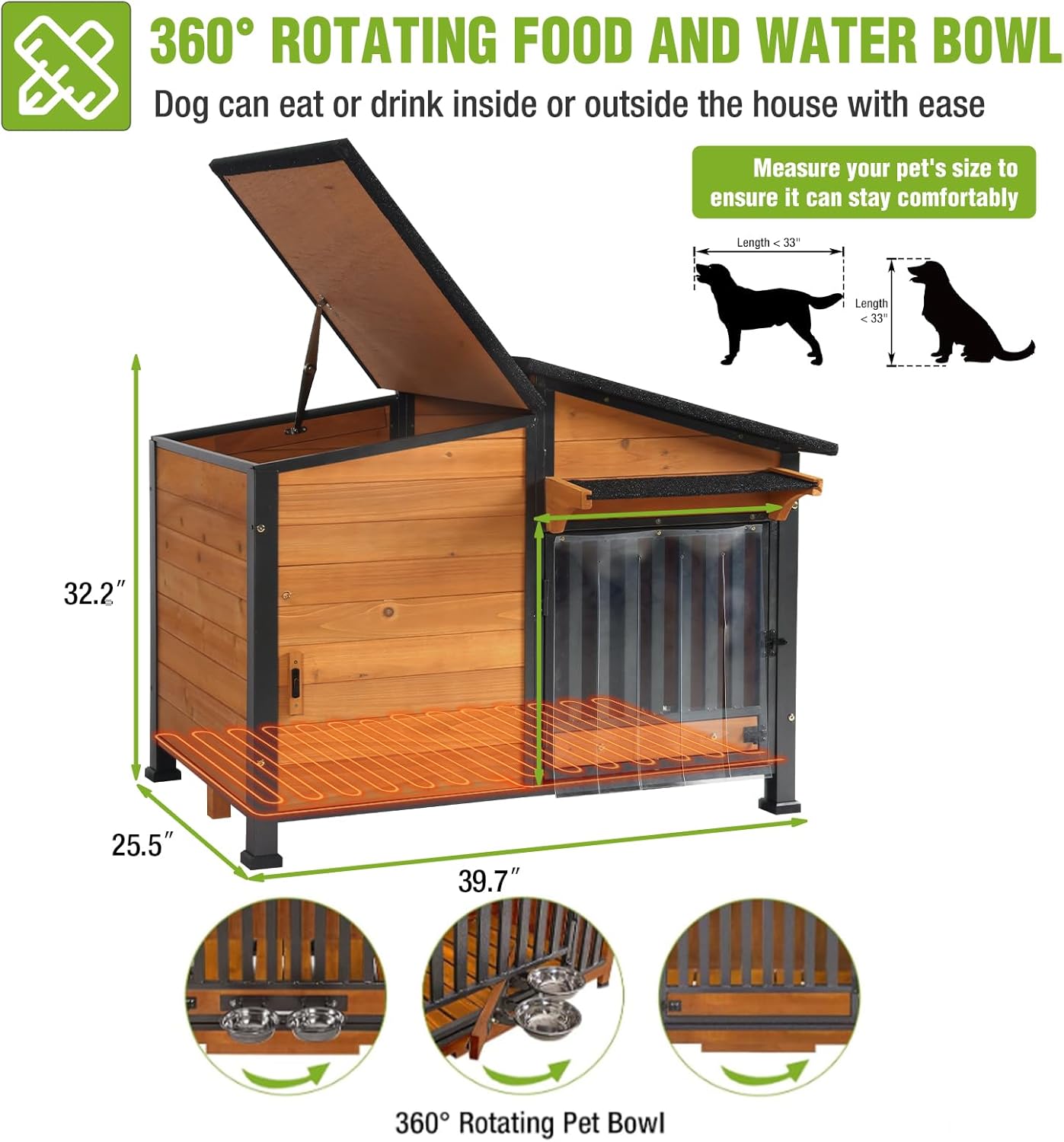 GUTINNEEN Heated Dog House Outdoor Dog Kennel with Safe Heated Pad, Chew-Proof Metal Frame and Rotating Food Bowl for Small to Medium Dogs, 39.7"x25.5"x32.2" (Dark Brown) - Pet Explorer