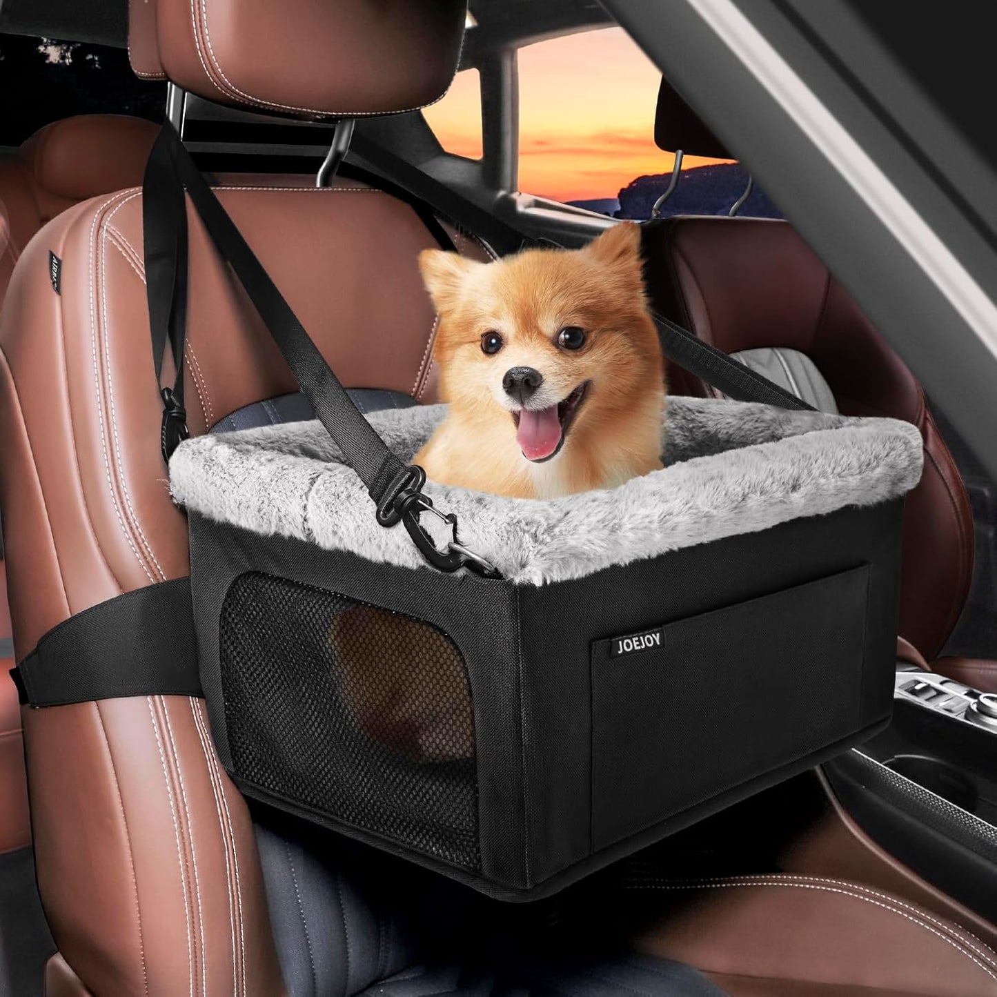 JOEJOY Deluxe Dog Booster Seat with Sturdy Metal Frame and Safety Leash for Small Pets up to 20 lbs - Portable Puppy Dog Car Seat with Thick Cushion and Storage Pockets for Small Dogs, Black - Pet Explorer
