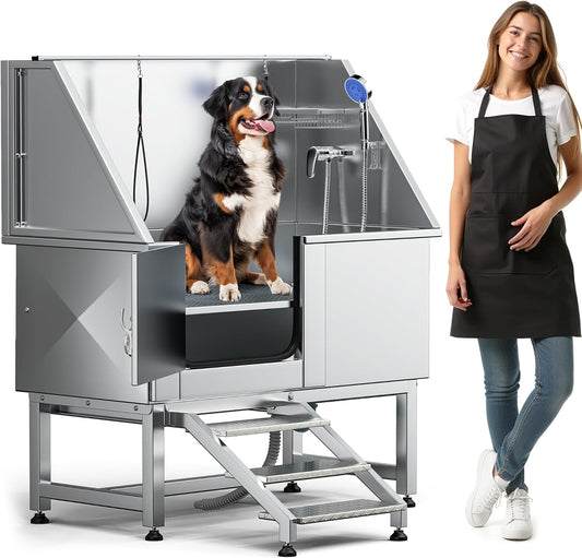 DWVO Professional Pet Dog Bathing Station for Grooming, 50'' Dog Grooming Bathtub with Left Stairs, Floor Grate, Faucet, Showerhead & Soap Holder for Large, Medium & Small Pets - Pet Explorer
