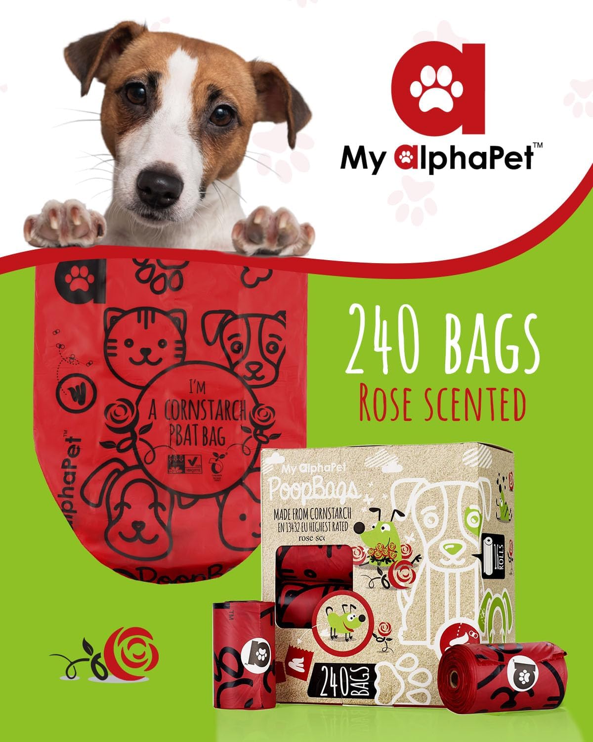 Compostable Dog Poop Bags, Cornstarch Eco-Friendly, HOME COMPOST NF T 51-800, 240 Count, Large Size Bag 9x13 Inches, 16 Unscented Refill Rolls, Leak-proof, Plantbased, GM-Free Corn (Red) - Pet Explorer