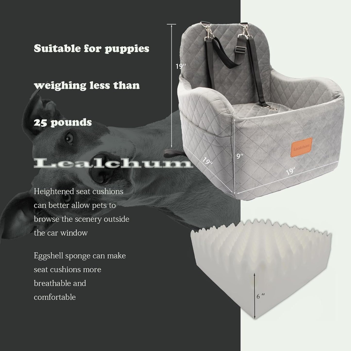 Dog Booster Car Seat for Small/Medium Dogs Up to 35lbs,Ultra Soft Fabric Covered,6in Elevated Cushion,Fully Detachable and Washable,3 Straps & 2 Pockets,Easy to Install(Grey,Medium) - Pet Explorer