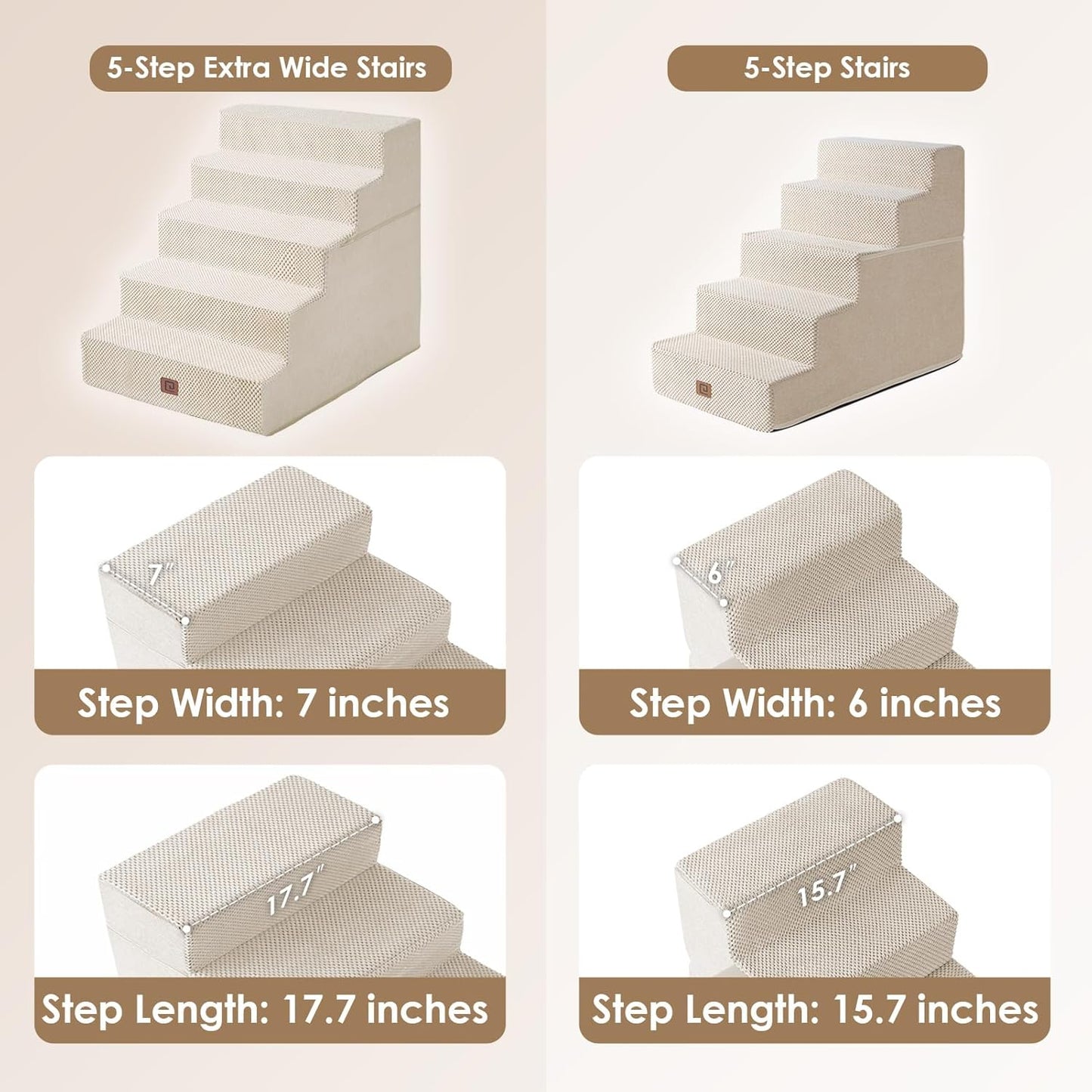 EHEYCIGA Dog Stairs for High Bed 25" H, 5-Step Extra Wide Dog Steps for Bed, Pet Steps for Small Dogs and Cats, Non-Slip Balanced Pet Ramp Indoor, Beige - Pet Explorer