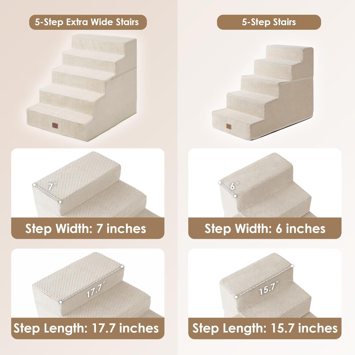 EHEYCIGA Dog Stairs for High Bed 25" H, 5-Step Extra Wide Dog Steps for Bed, Pet Steps for Small Dogs and Cats, Non-Slip Balanced Pet Ramp Indoor, Beige - Pet Explorer