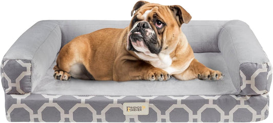 Friends Forever Harper Memory Foam Orthopedic Dog Bed, Calming Couch For Indoor Pet With Bolster, Machine Washable Extra Soft Faux Suede Removable Cover, Plush Crate Mat, 36x28x9", Grey - Pet Explorer