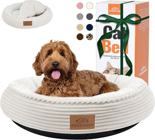 30in Round Dog Bed Sofa for Small/Medium/Large Dogs, Machine Washable Supportive Foam Pet Couch with Washable Removable Mat and Non-Slip Bottom, Pet Cuddler for Indoor/Outdoor/Car/Cage, Cream - Pet Explorer